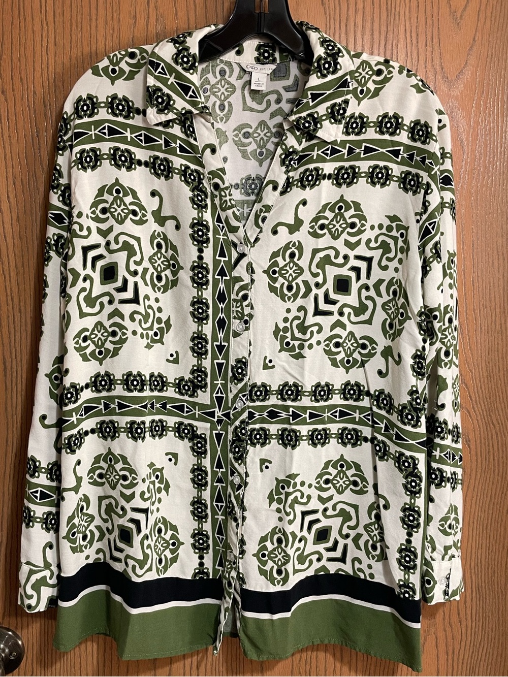 Cato Olive & White Patterned Button-Front Blouse